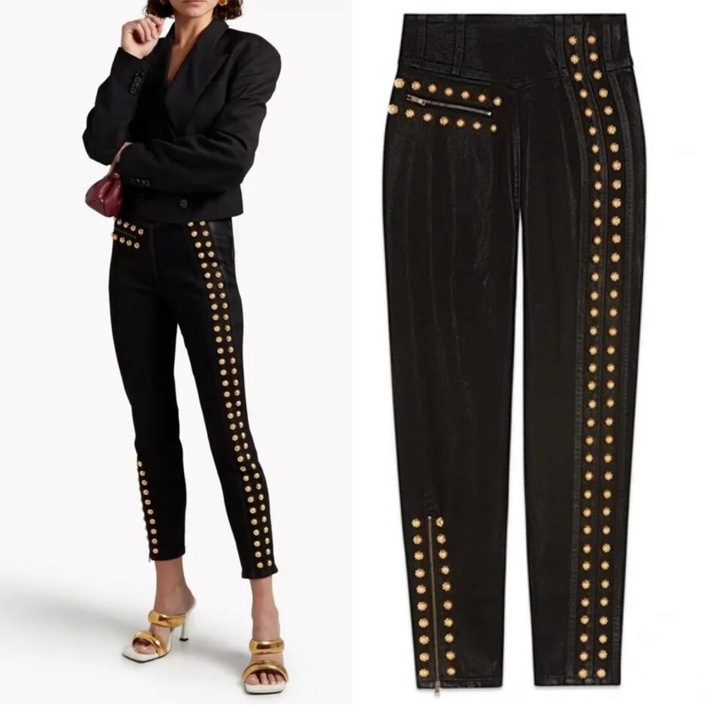 Gucci High Rise Coated Denim Studded Skinny Jeans Size 25 NWT Black Gold
